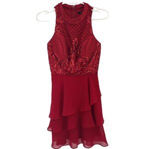 City Studio Chaps Red Sequin Lace Ruffle Hem Dress Sleeveless Zip Back  women´s